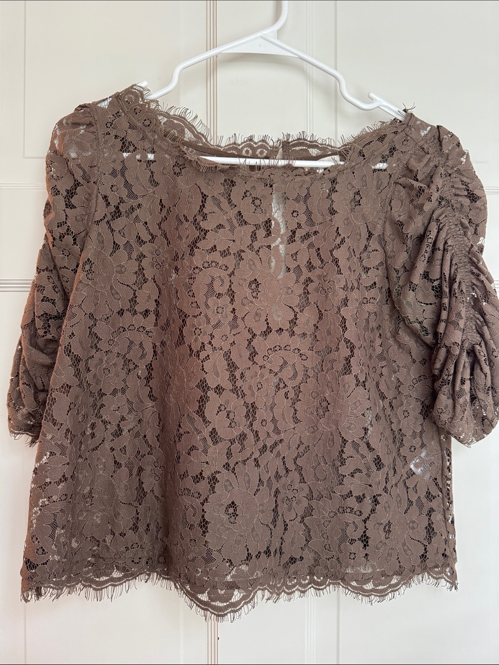Joie Taupe Floral Lace Puff-Sleeve Blouse
